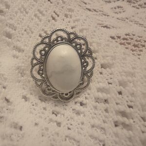 White Howlite (?) Gemstone On Adjustable Silver Tone Bezel Ring, Handmade